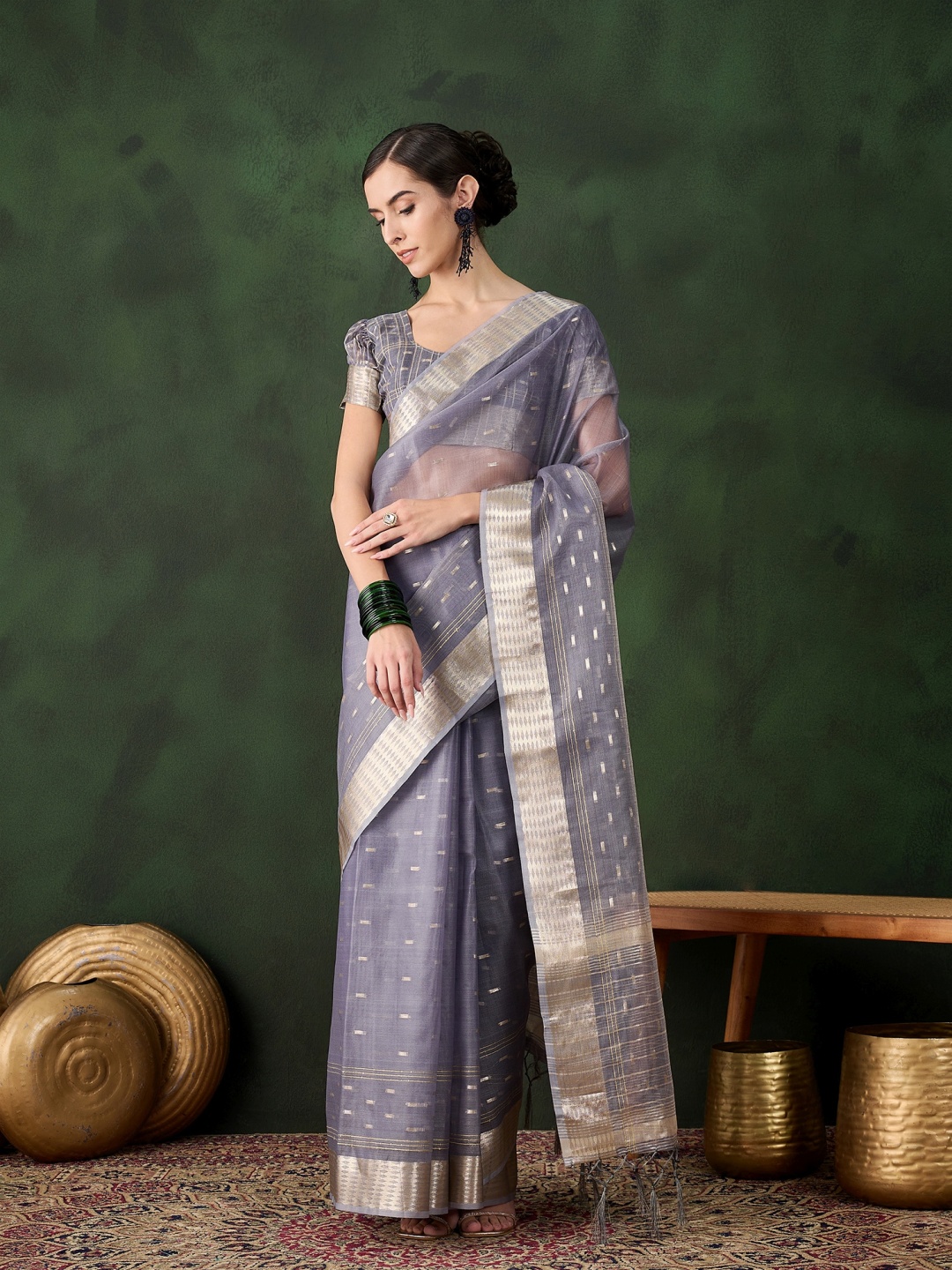 

KALINI Woven Design Zari Kanjeevaram Saree, Grey