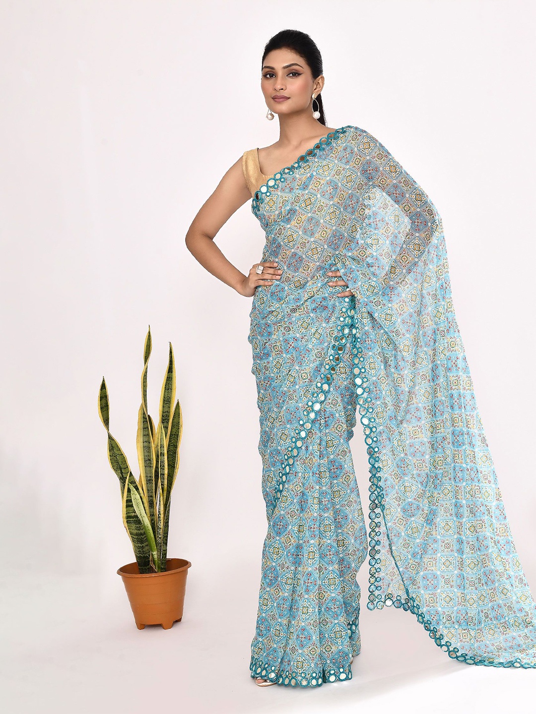 

Manu Designer Printed Mirror Work Pure Chiffon Saree, Blue