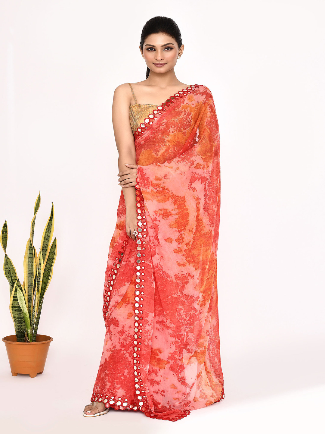 

Manu Designer Tie and Dye Mirror Work Pure Chiffon Saree, Red