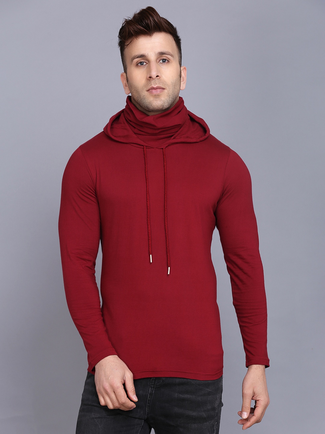 

WOOSTRO Men Hooded Slim Fit T-shirt With Mask, Maroon