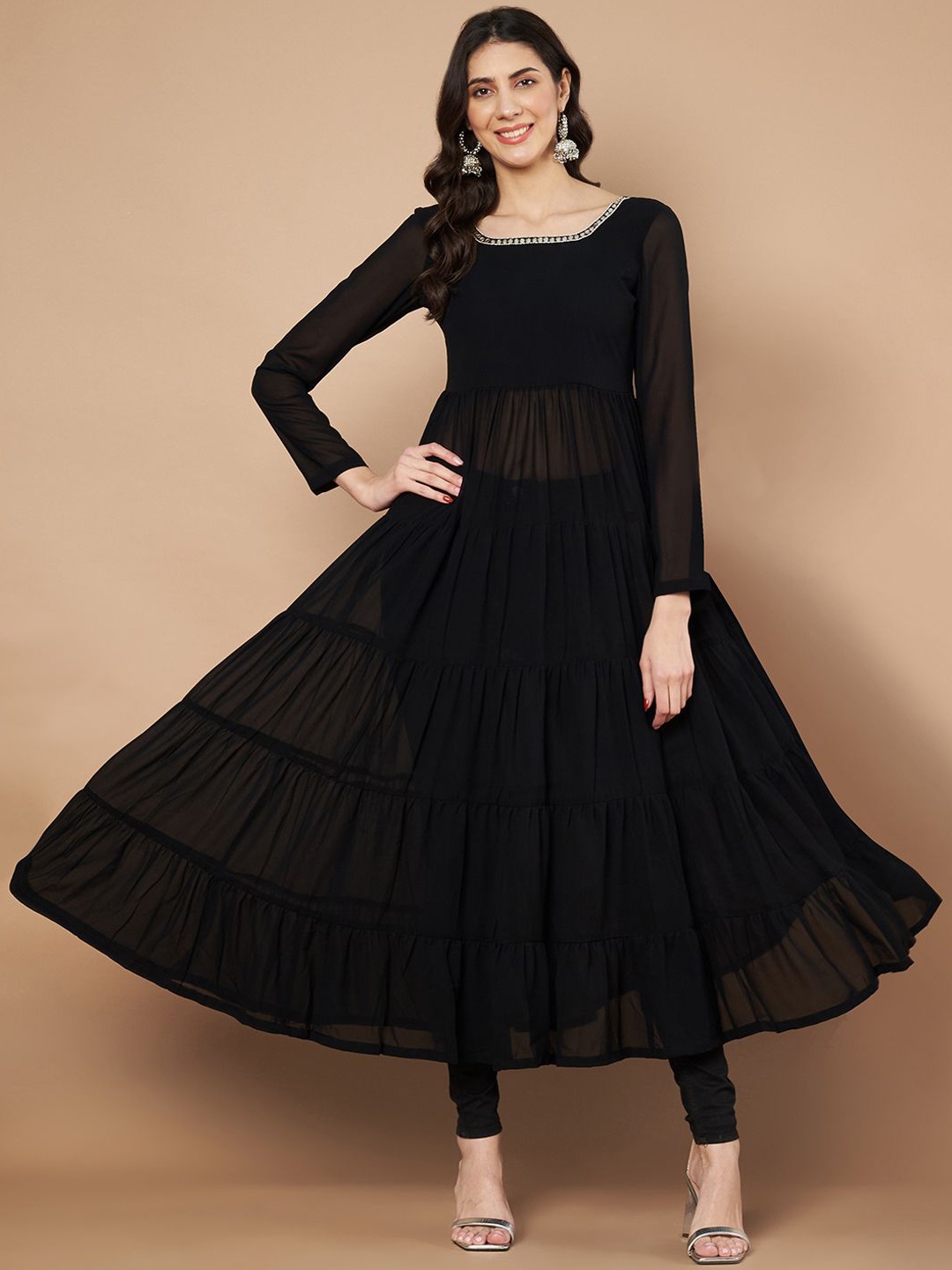 

Poshak Hub Floral Embroidered Mirror Work Square Neck Georgette Anarkali Kurta, Black