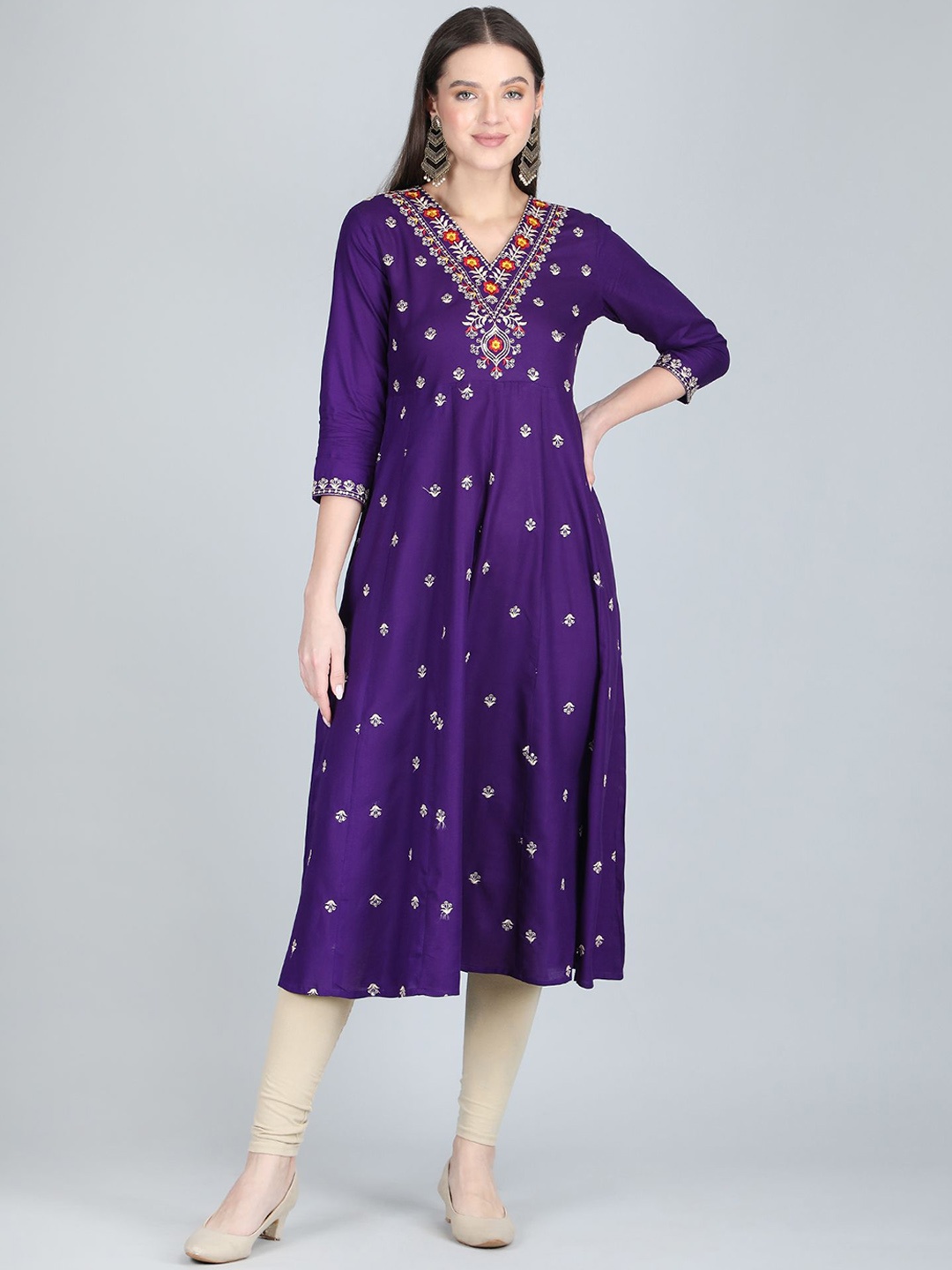 

ANANDITA Floral Embroidered V Neck Sequinned Anarkali Kurta, Violet
