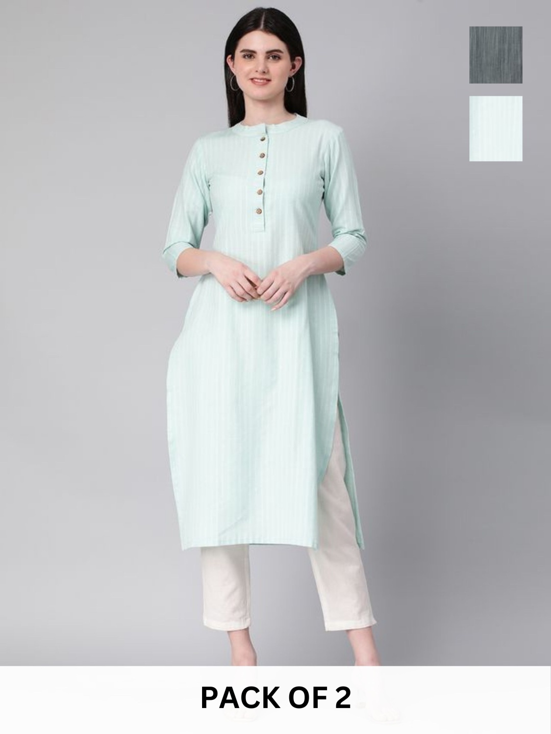 

KALINI Selection Of 2 Geometric Printed Round Neck Straight Kurtas, Turquoise blue