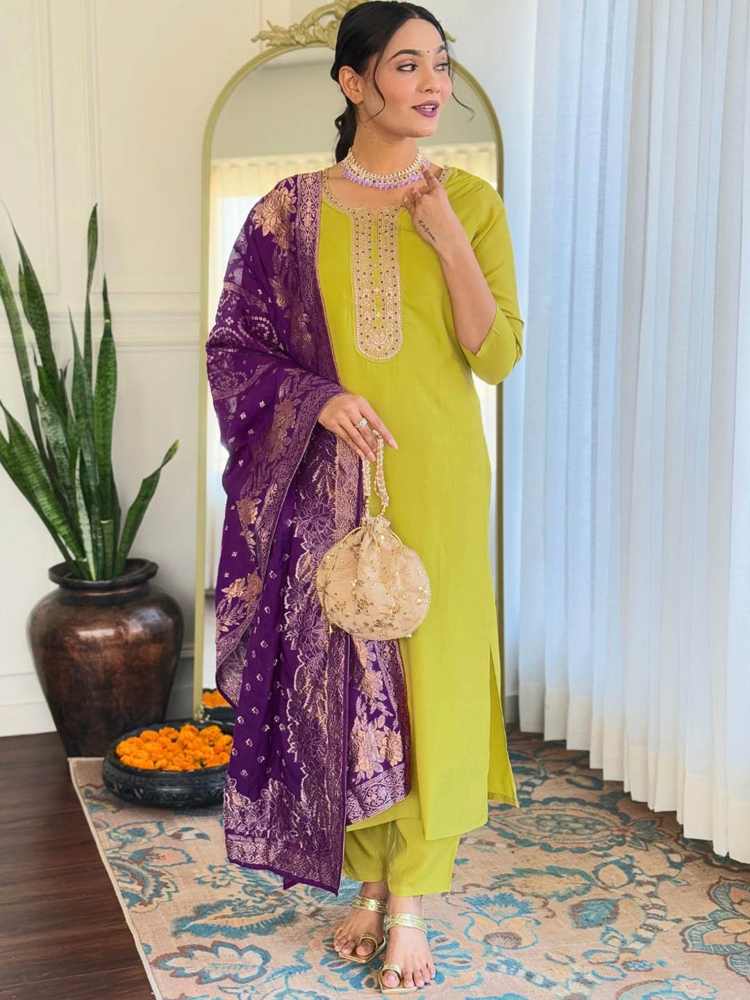 

Fashion Care Navlik Floral Embroidered Notch Neck Straight Kurta With Trousers & Dupatta, Lime green