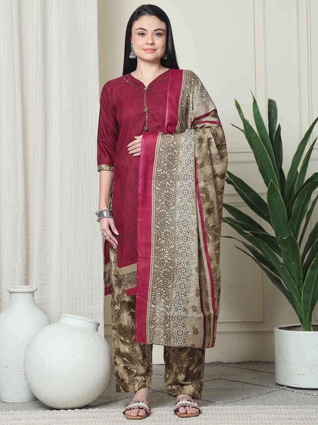 

Roly Poly Floral Printed Sweetheart Neck Straight Kurta with Salwar And Dupatta, Maroon