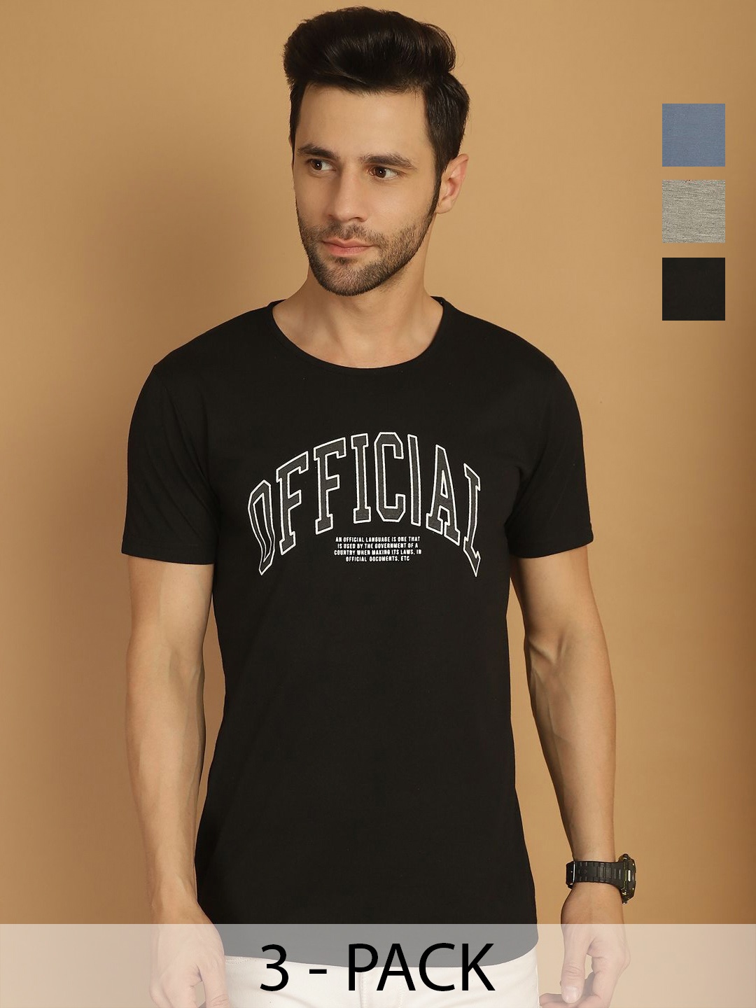 

MACK JONNEY Men Pack Of 3 Typography Printed Round Neck Cotton T-shirts, Black