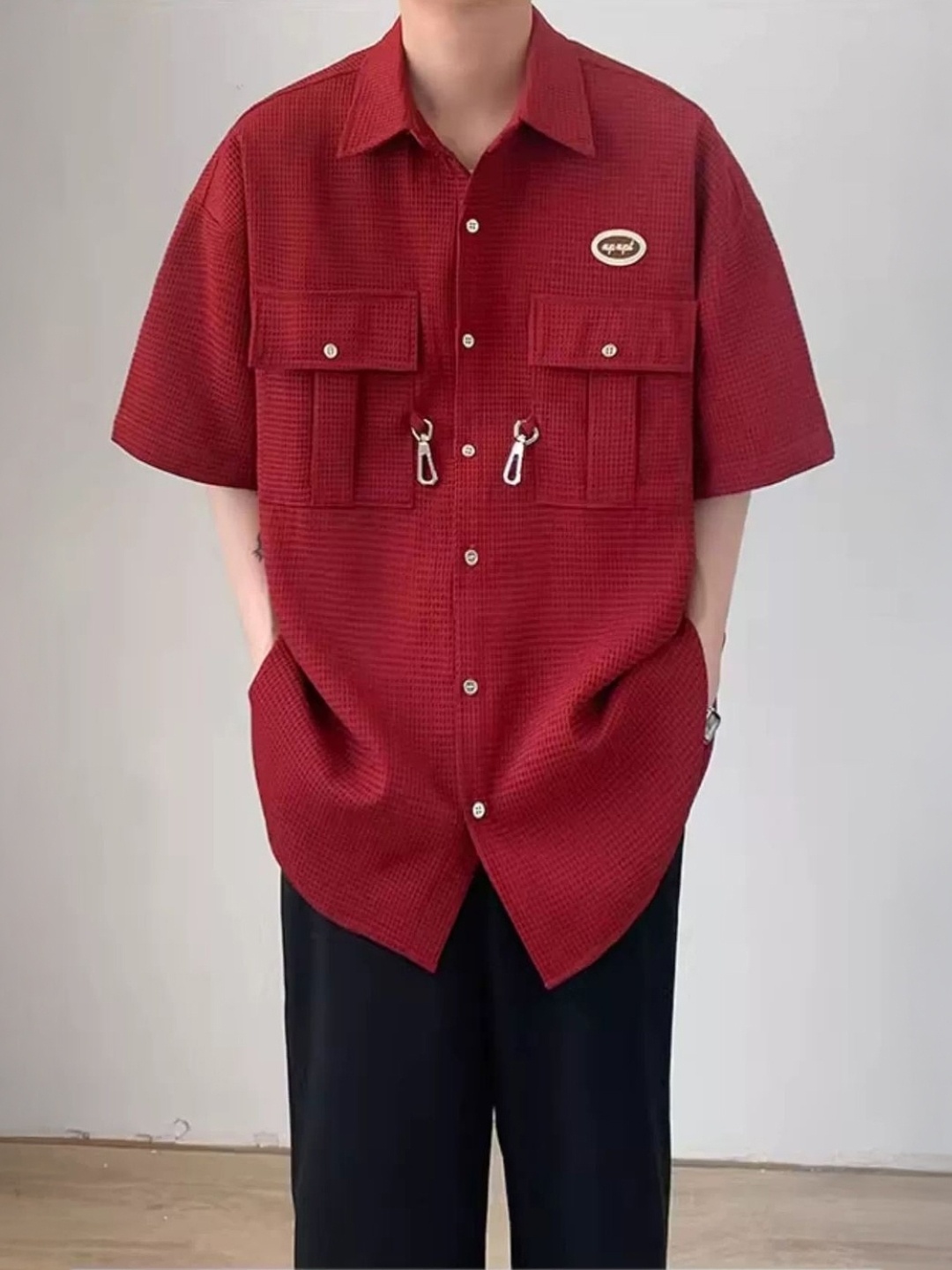 

StyleCast Men Standard Oversized Fit Spread Collar Textured Casual Shirt, Red