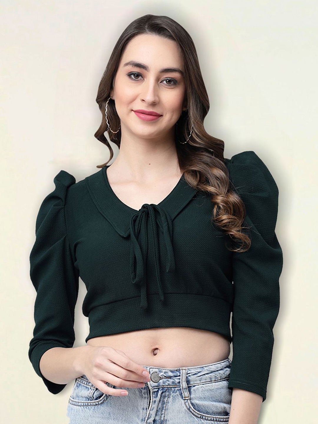 

MISS AYSE Women V-Neck Puff Sleeves Fitted Crop Top, Green