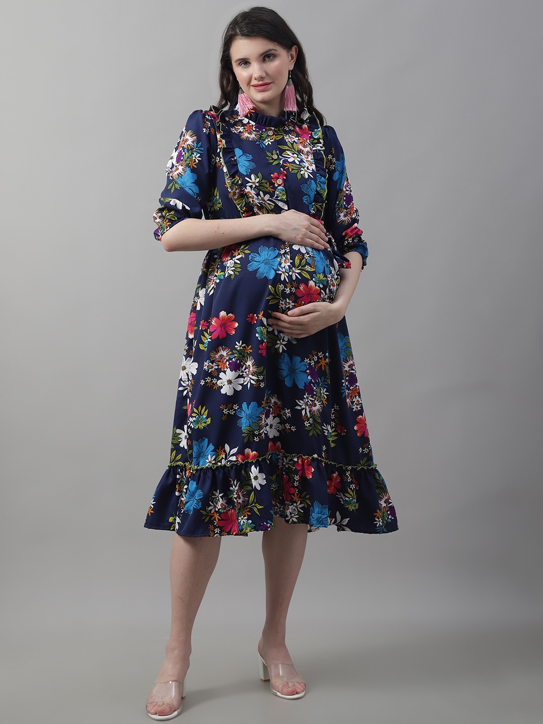 

Frempy Women Floral Printed Maternity Ruffles &Tiered Fit & Flare Midi Dress, Navy blue