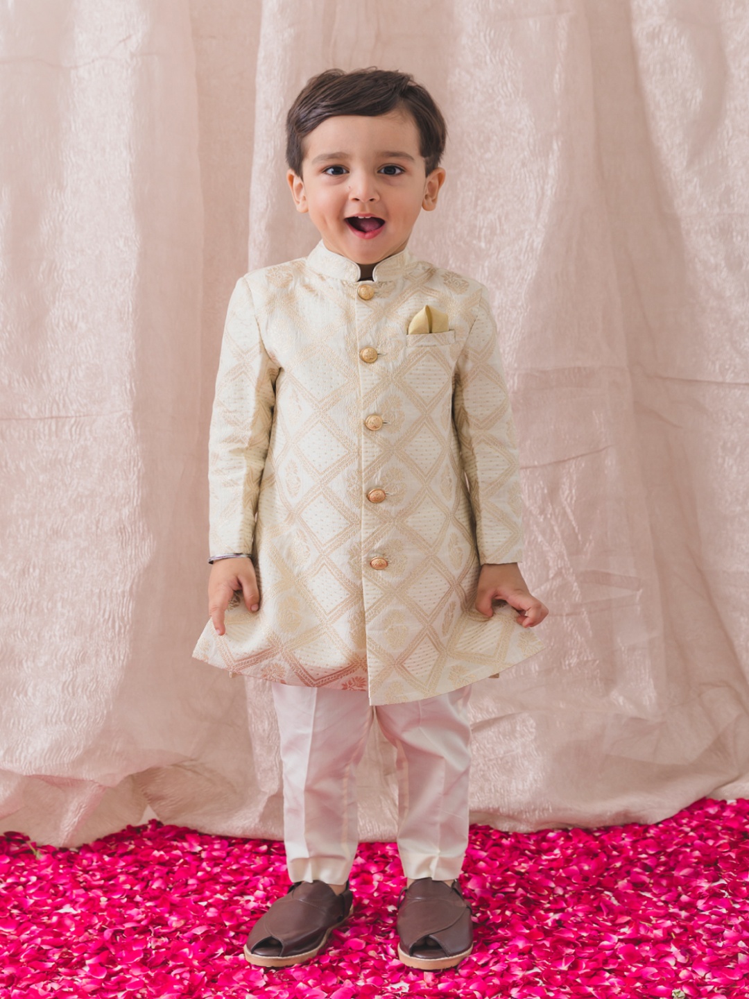 

Tiber Taber Boys Woven Design Khwabeeda Brocade Bandhgala Kurta & Coat With Trousers, Cream