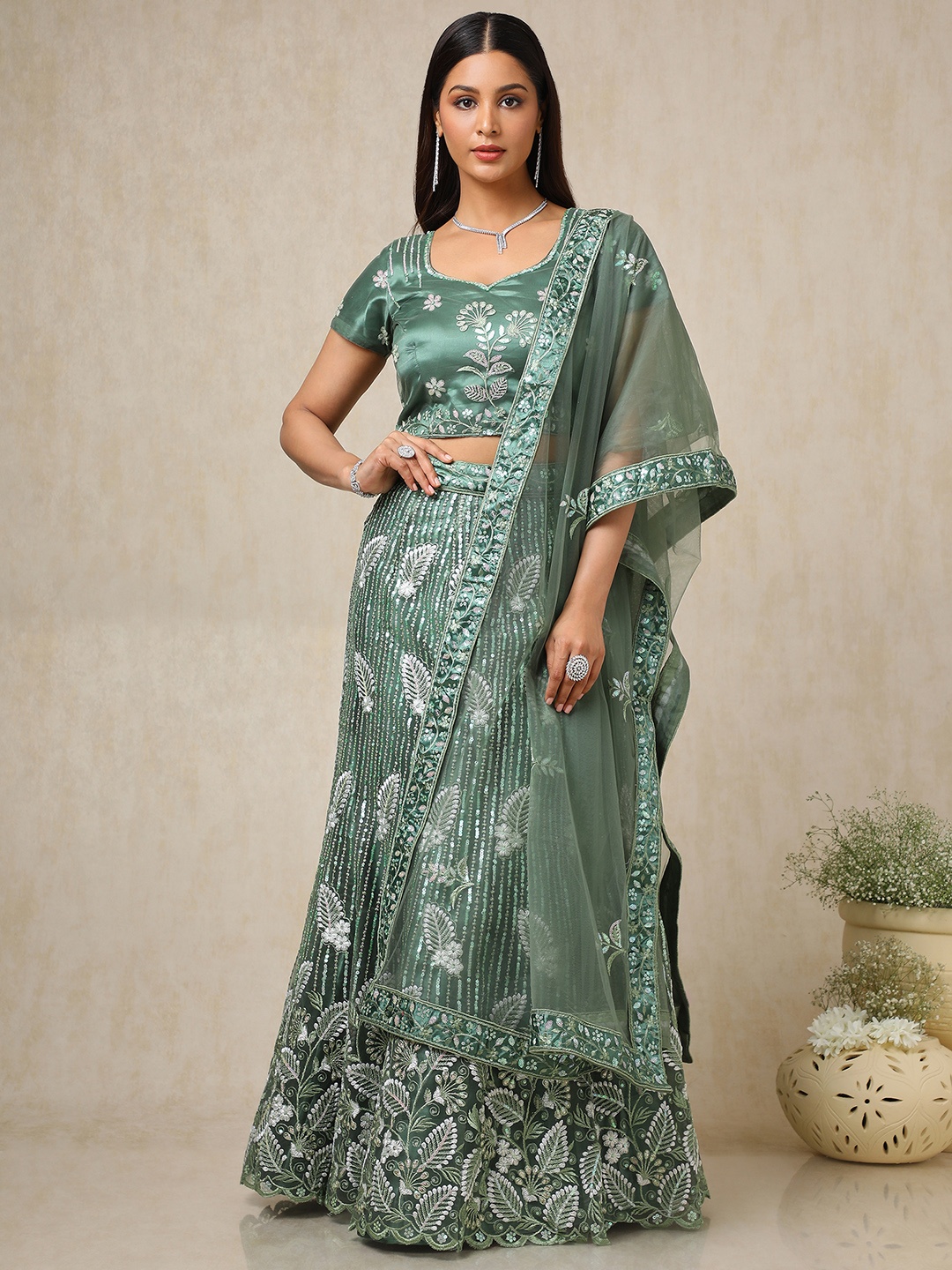 

Soch Embellished Sequinned Unstitched Lehenga & Blouse With Dupatta, Green