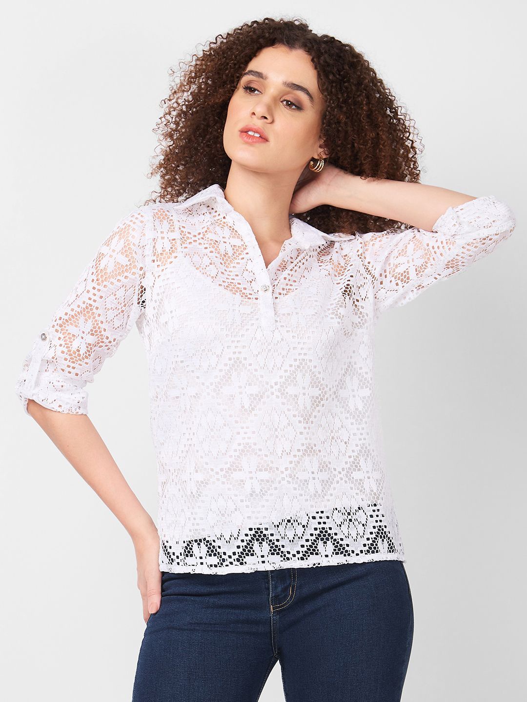 

Iti Women Spread Collar Textured Schiffli Casual Shirt, White