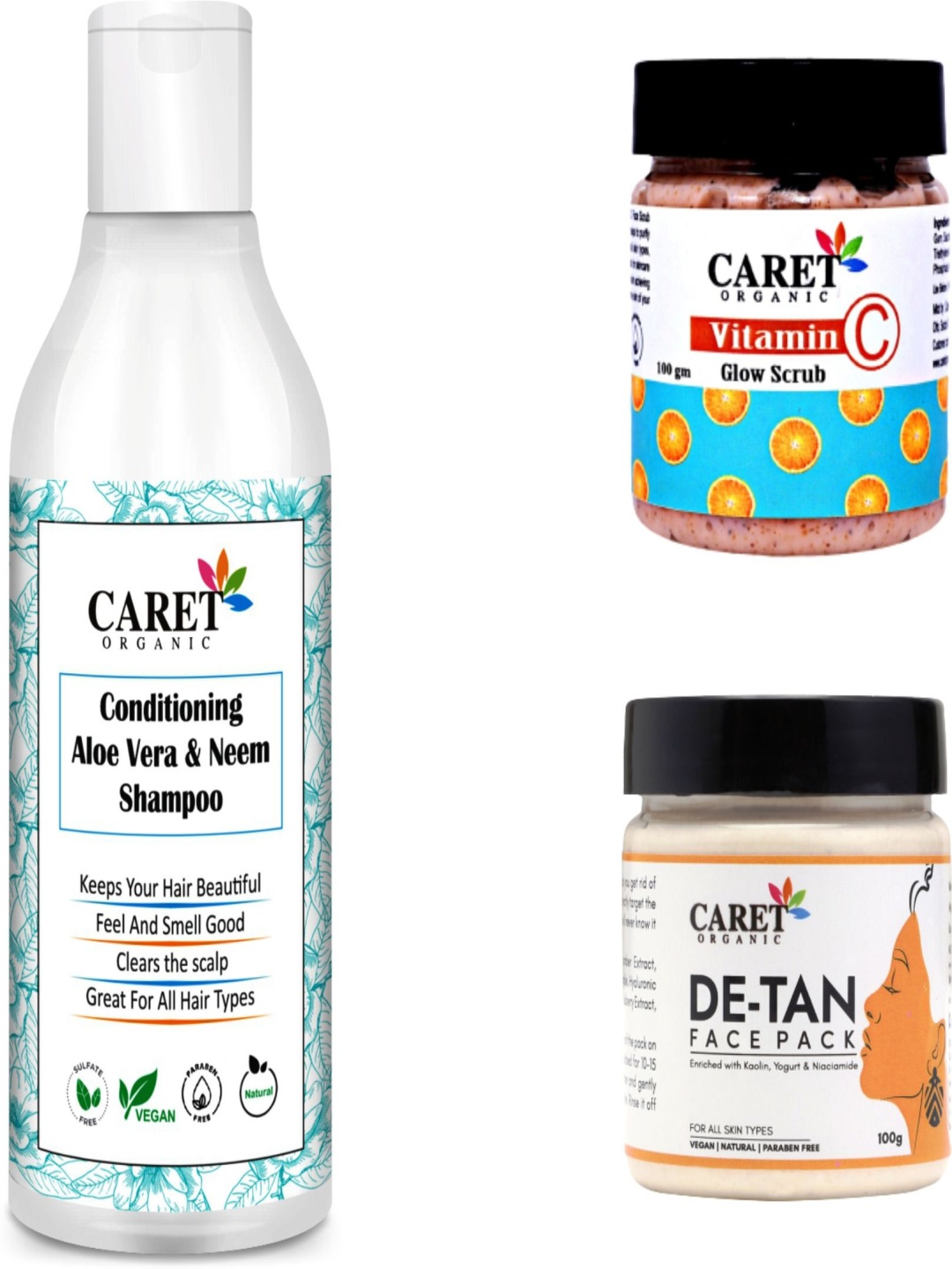 

CARET ORGANIC Set Of 3 Shampoo -250 ml, De-Tan Face Pack- 100 g & Vitamin C Scrub - 100 g, White