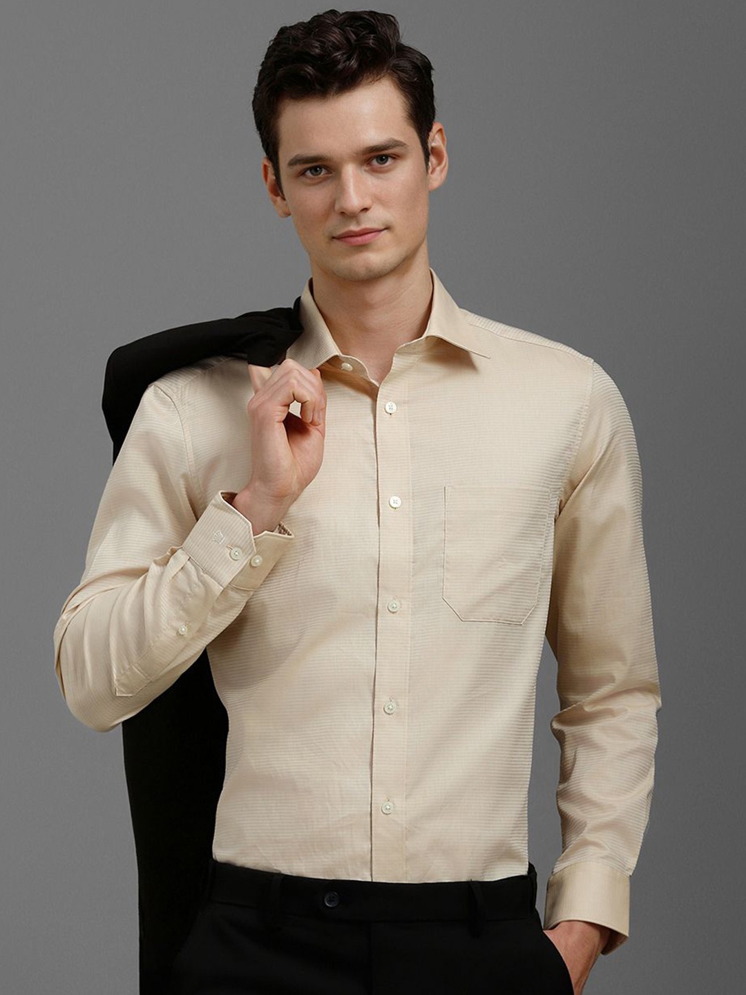 

Louis Philippe Men Classic Slim Fit Spread Collar Horizontal Striped Cotton Formal Shirt, Beige