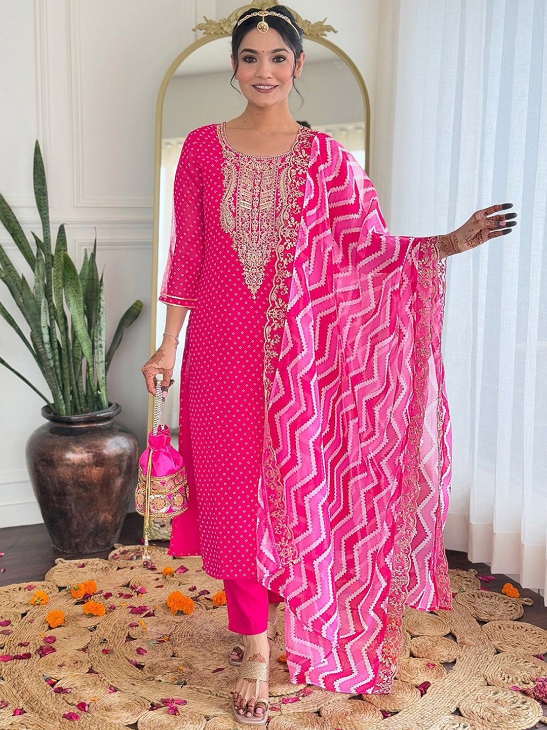 

Fashion Care Navlik Bandhani Printed Round Neck Straight Kurta With Trousers & Dupatta, Pink