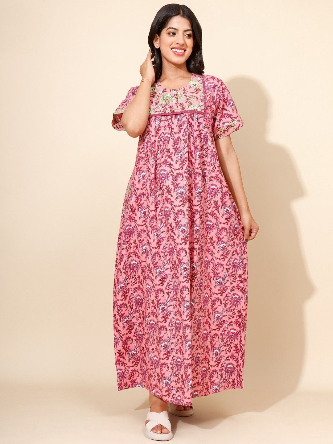 

YELLOW BLOOM Women Floral Printed Pure Cotton Maxi Nightdress, Pink