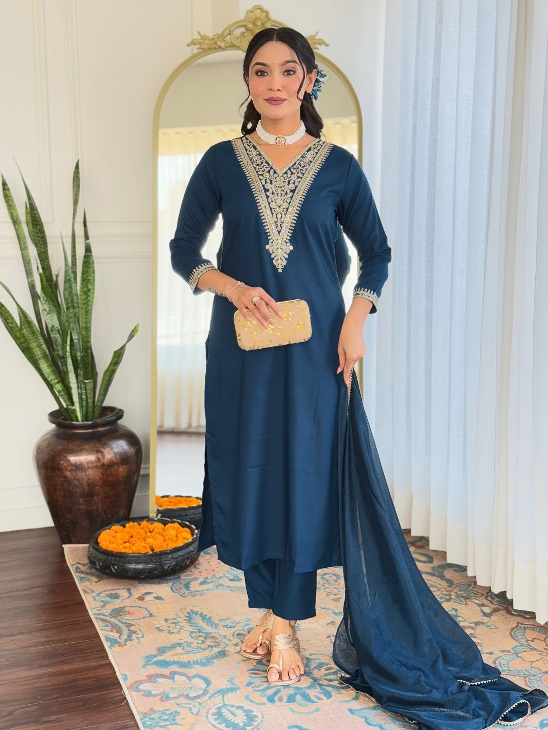 

KALINI Floral Embroidered Sequinned V-Neck Straight Kurta With Trouser And Dupatta, Teal