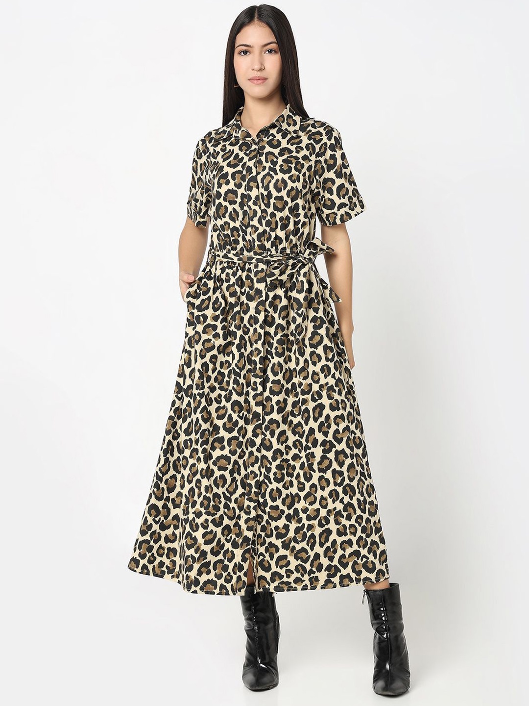 

R&B Shirt Collar Animal Printed Cotton Shirt Midi Dress, Beige