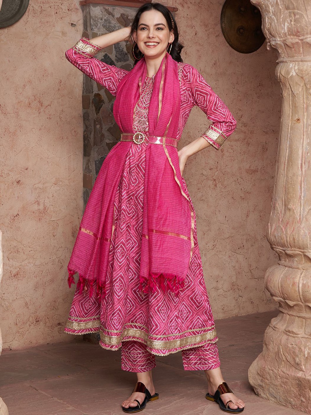 

Sangria Magenta Printed Notch Neck Pure Cotton Anarkali Kurta With Trousers And Dupatta