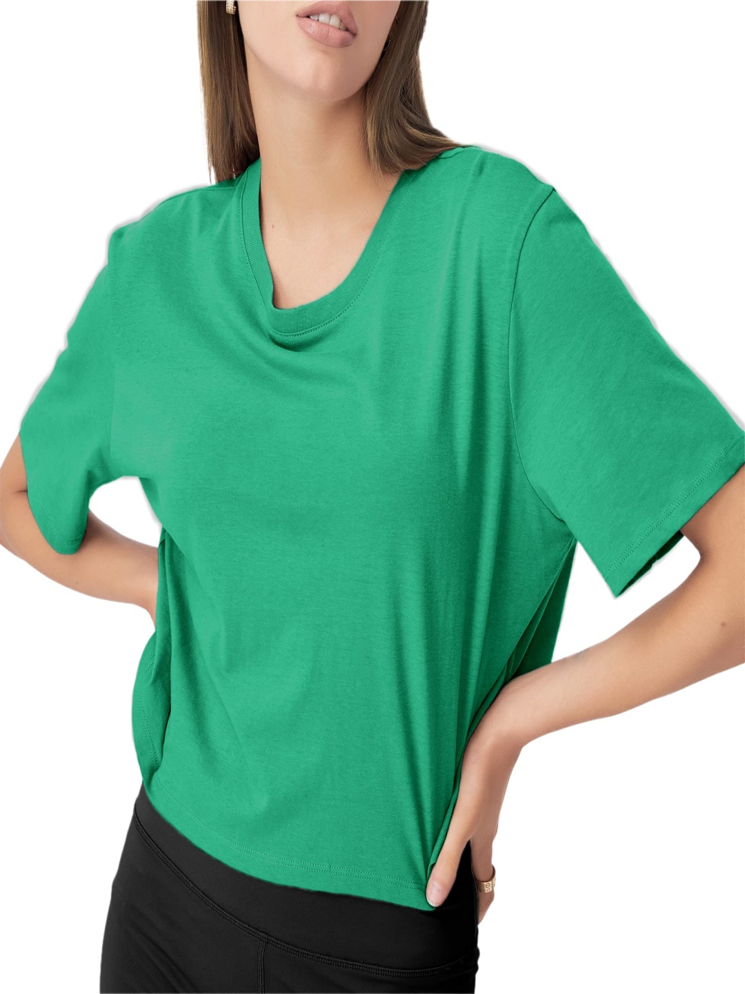 

NOTWILD Women Solid Round Neck Cotton T-shirt, Green