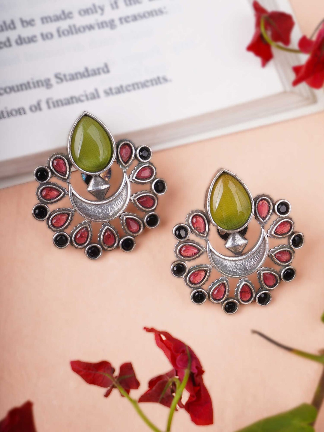 

Adwitiya Collection Silver-Plated Artificial Stones Studded Contemporary Oxidised Studs