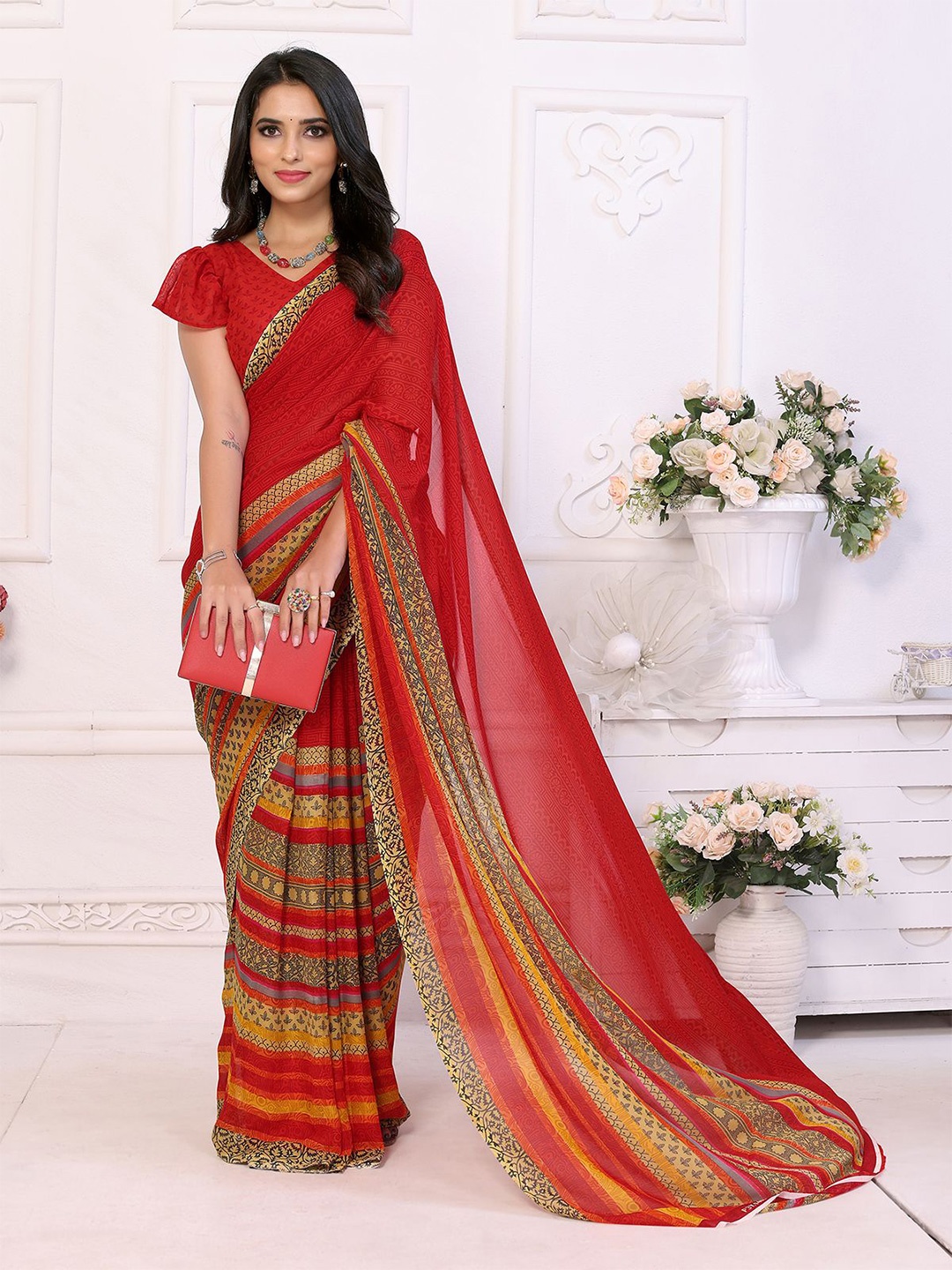 

Moda Rapido Women Printed Saree With Unstiched Blouse Piece, Red