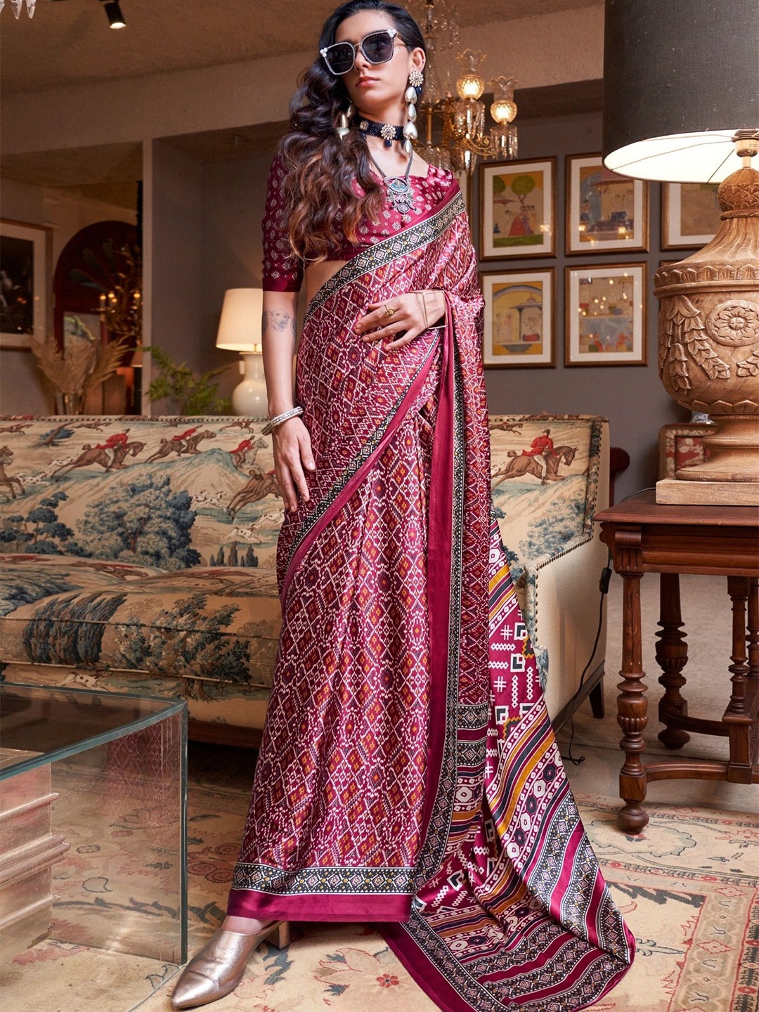 

MySilkLove Patola Printed Satin Saree, Maroon