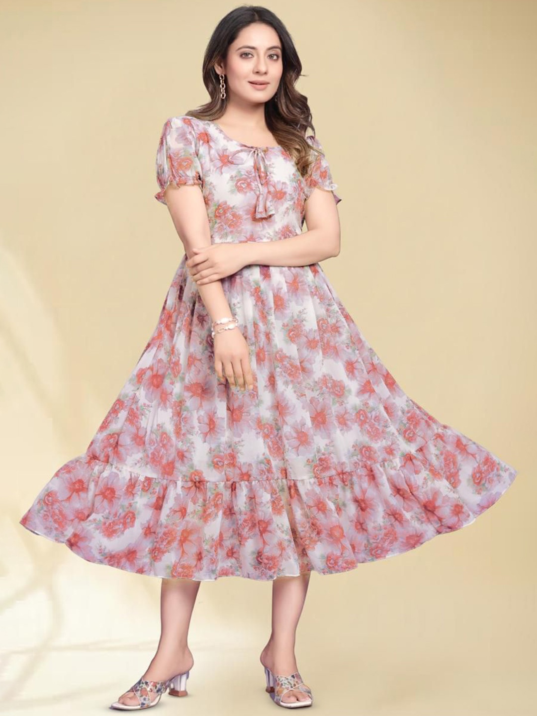 

BAESD Floral Print Keyhole Neck Puff Sleeve Georgette Fit & Flare Maxi Dress, Pink