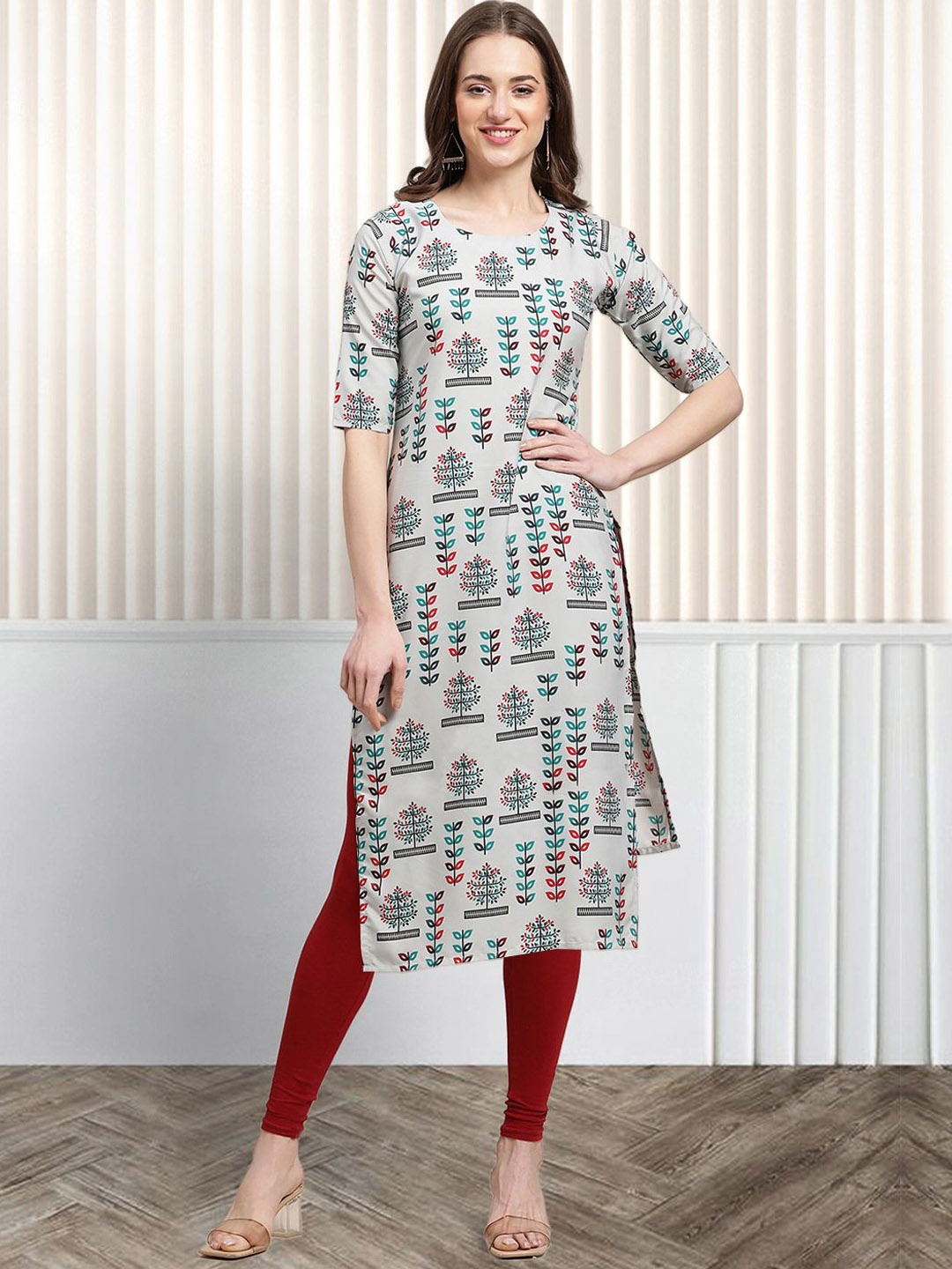 

Moda Rapido Floral Printed Round Neck Straight Kurta, Grey