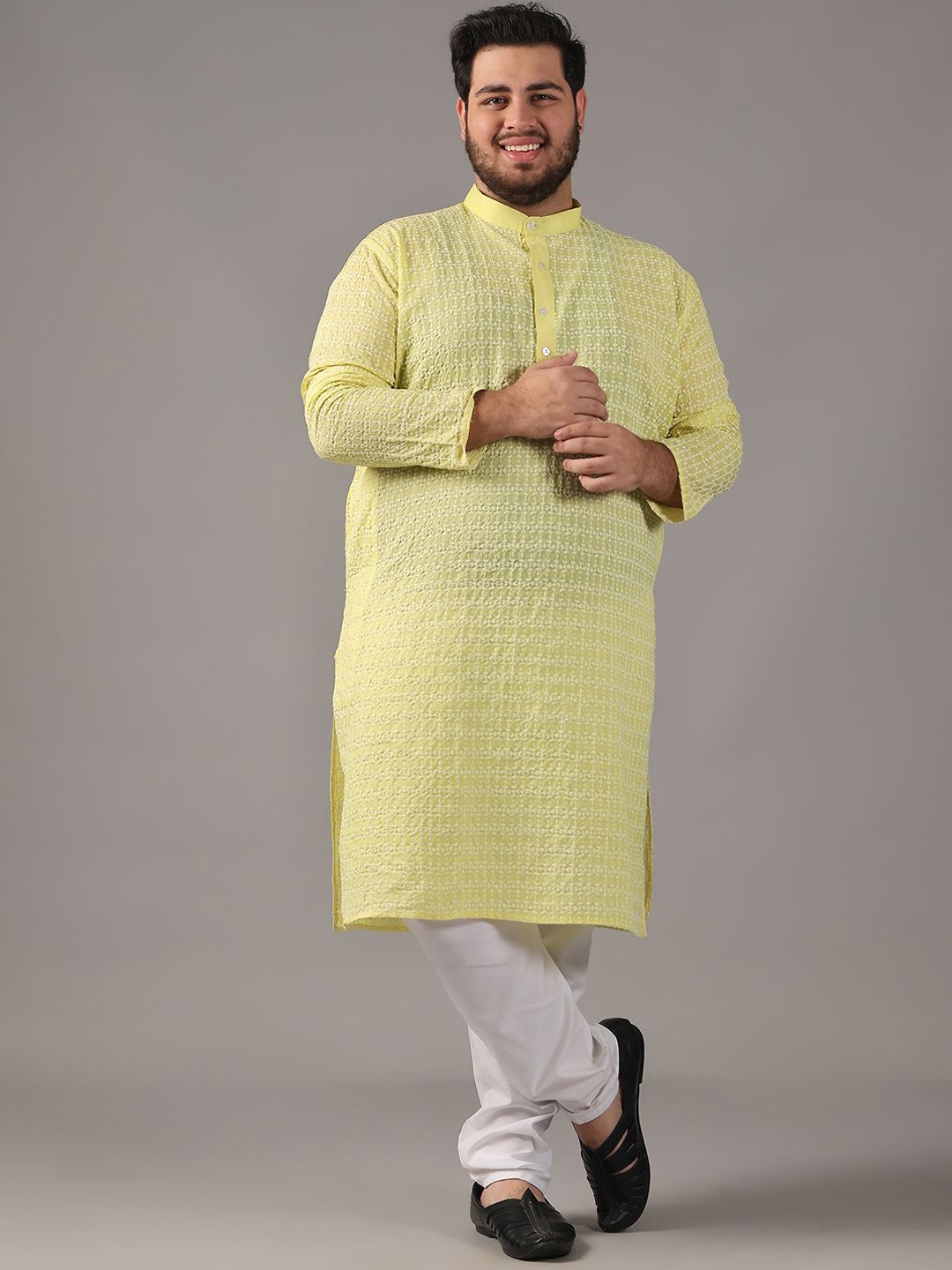 

SOJANYA PLUS Size Floral Embroidered Thread Work Band Collar Pure Cotton Straight Kurta, Yellow