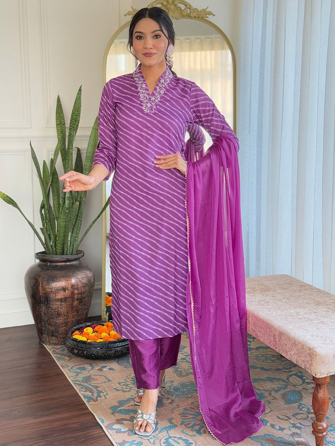 

SHIJILA Floral Embroidered V-Neck Straight Kurta With Trousers & Dupatta, Purple