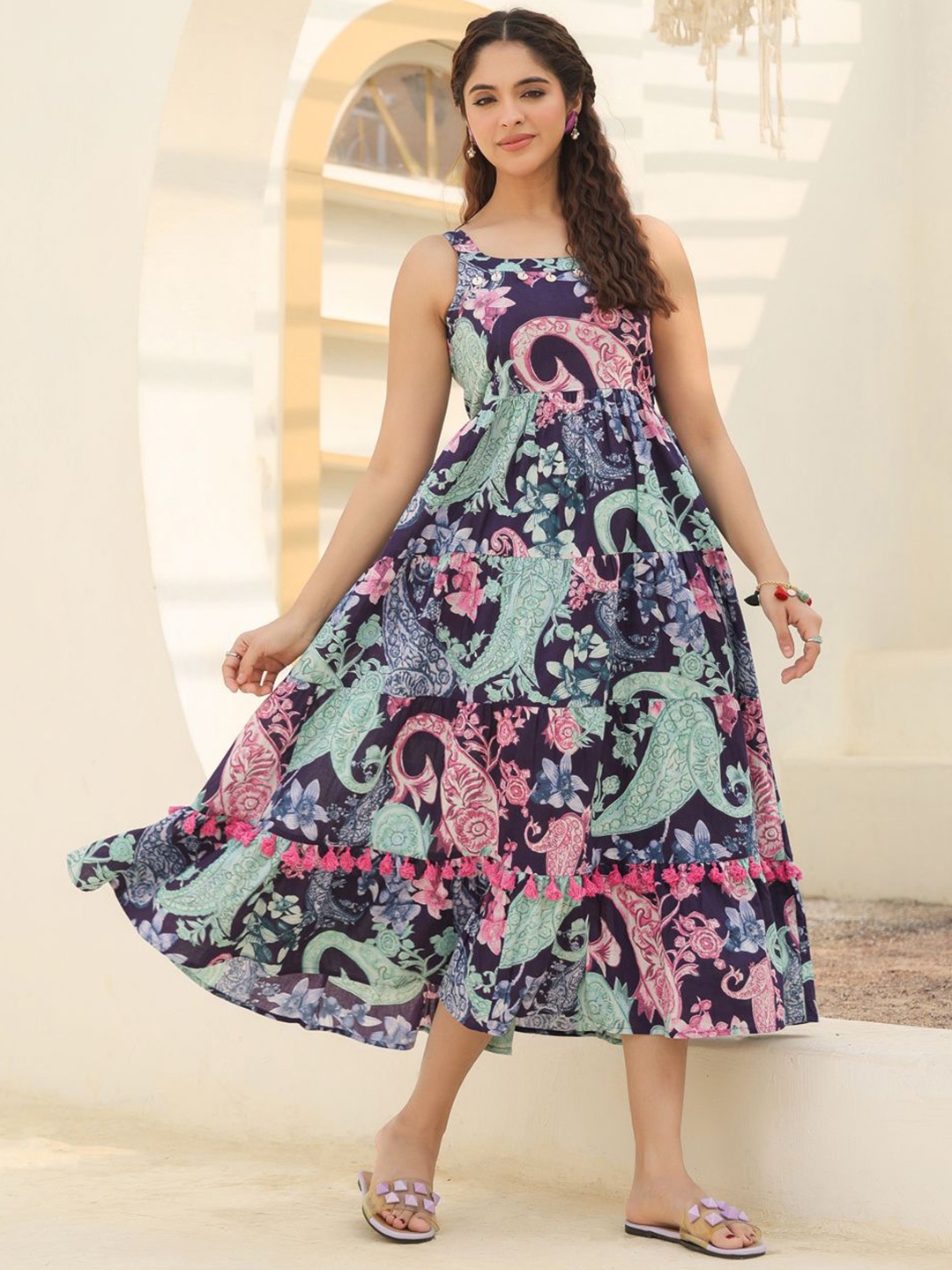 

Rain & Rainbow Printed Pure Cotton Ethnic Dress, Purple