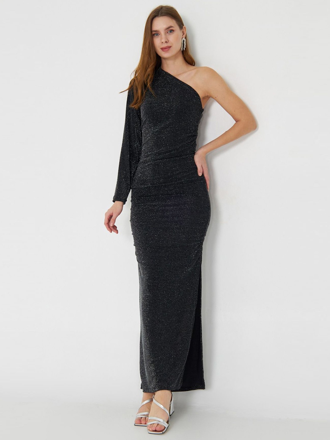 

Trendyol One Shoulder Bling & Sparkly Maxi Dress With Slit, Black