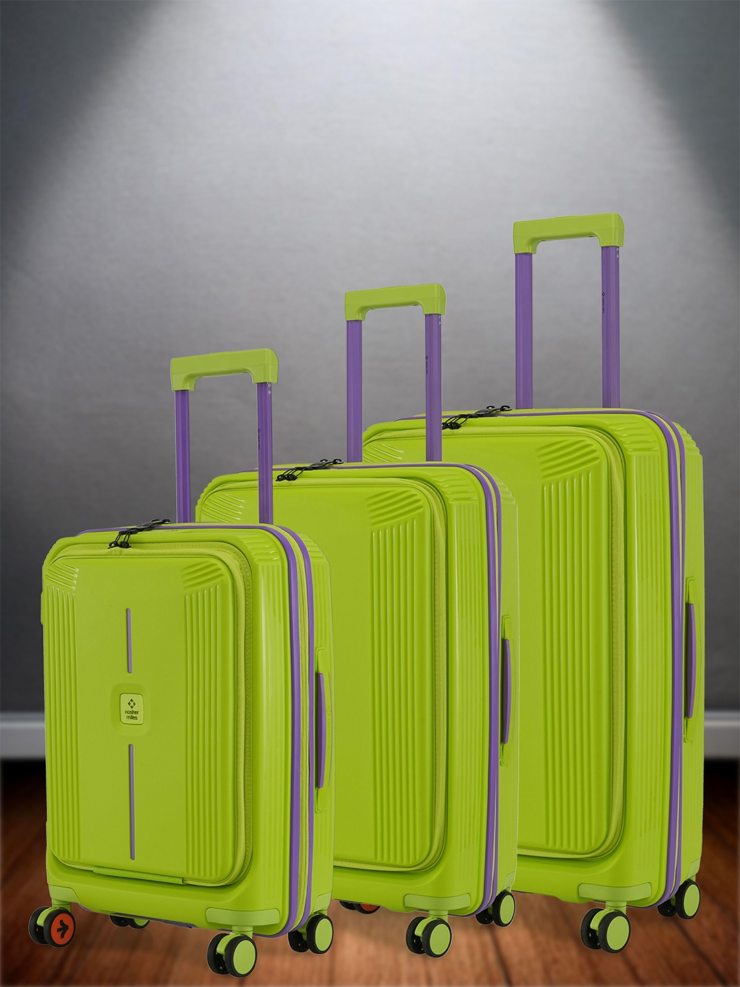 

Nasher Miles Alexandria Polypropylene Set of 3 S/M/L Green Purple Trolley Bags 55-65-75 cm