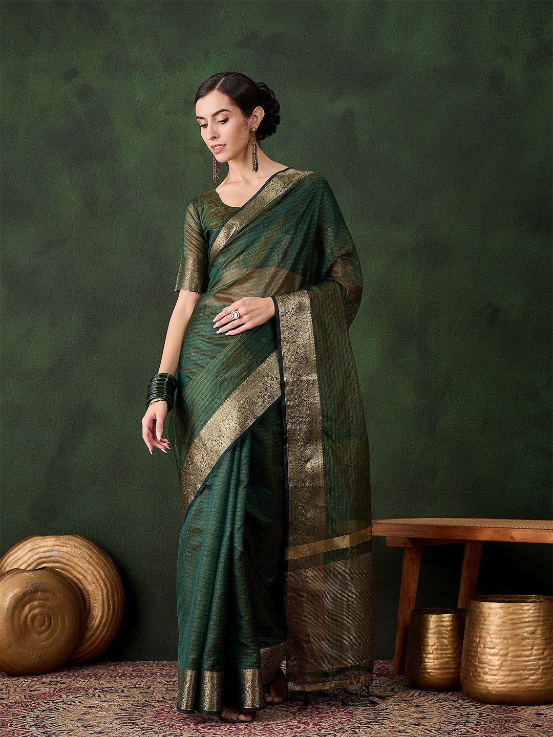 

KIMISHA Solid Zari Organza Kanjeevaram Saree, Green