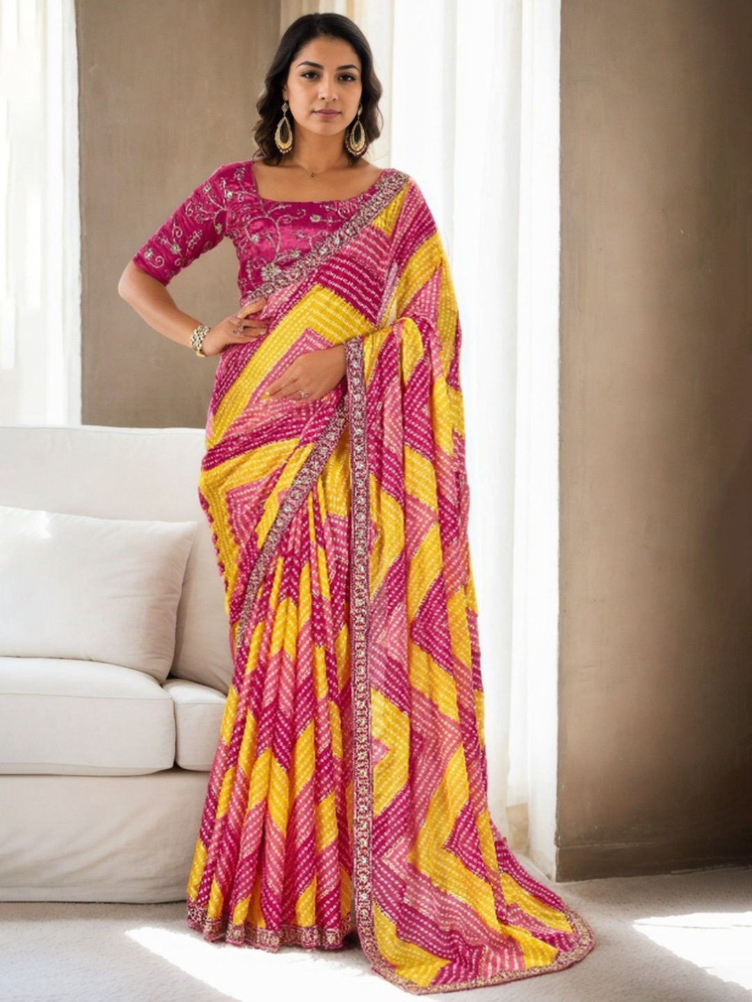 

MySilkLove Printed Embroidered Bandhani Saree, Yellow