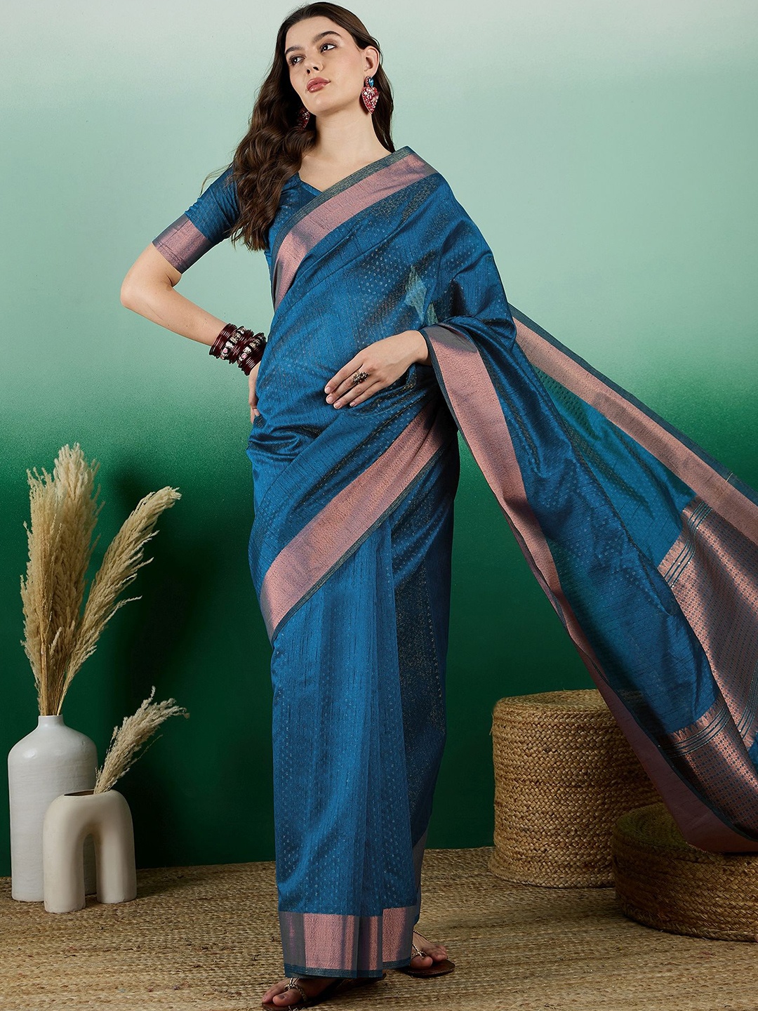 

KIMISHA Woven Design Zari Organza Kanjeevaram Saree, Teal