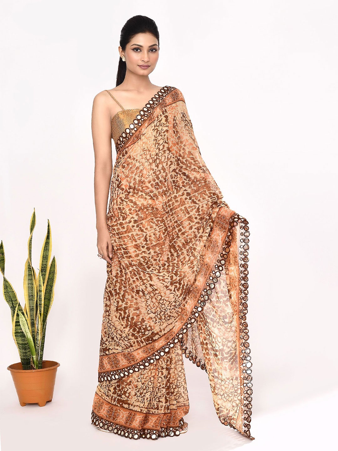 

Manu Designer Ethnic Motifs Beads and Stones Pure Chiffon Saree, Coffee brown