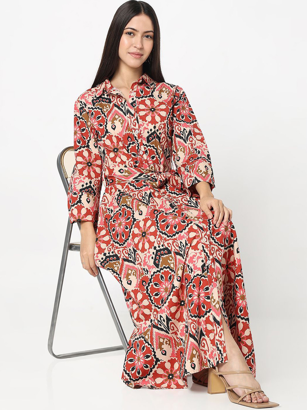

R&B Women Cotton Ethnic Motifs Printed Shirt Maxi Dress, Red
