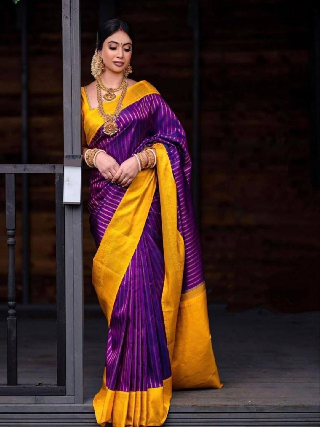 

Manu Designer Women Striped Saree With Blouse Piece, Purple