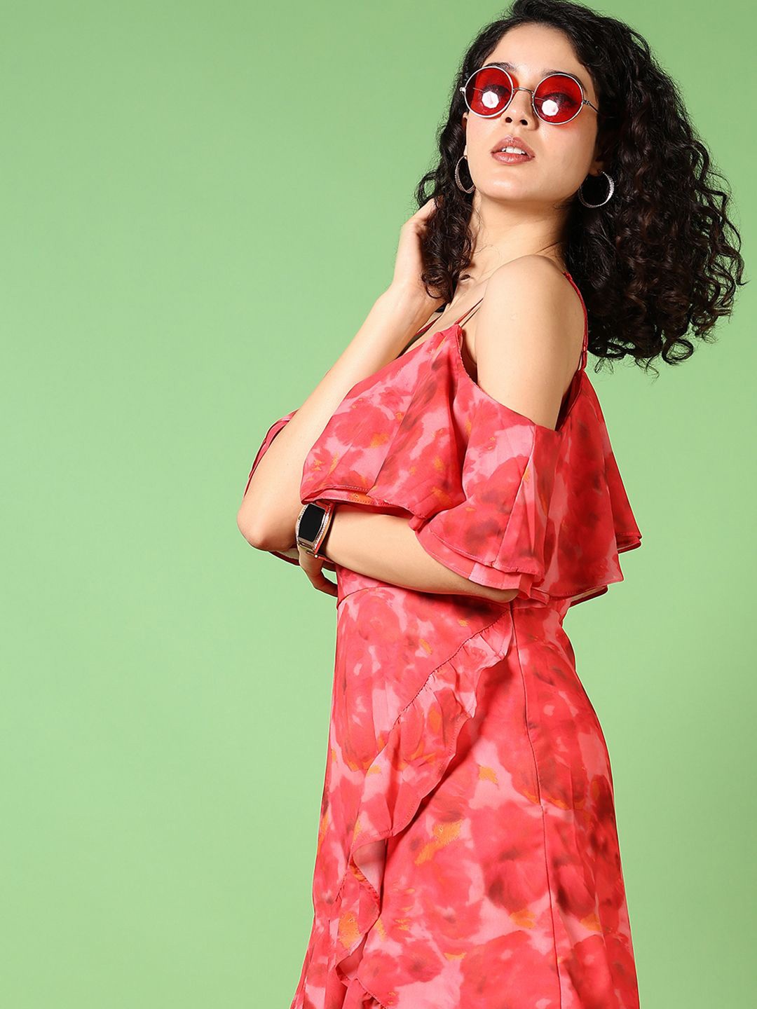 

V-Mart Print Cold-Shoulder Maxi Midi Dress, Pink