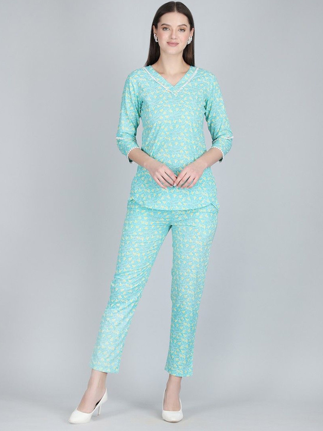 

ANANDITA Floral Printed V-Neck Pure Cotton Top With Trouser, Sea green