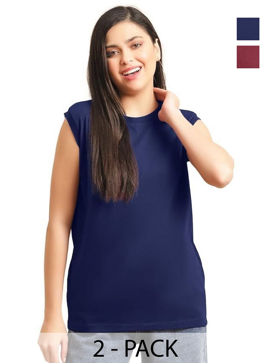 

NOTWILD Women Pack Of 2 Solid Round Neck Cotton T-shirts, Navy blue