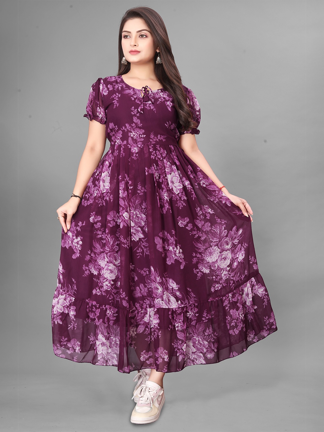 

QENA Floral Print Puff Sleeve Georgette Maxi Dress, Purple