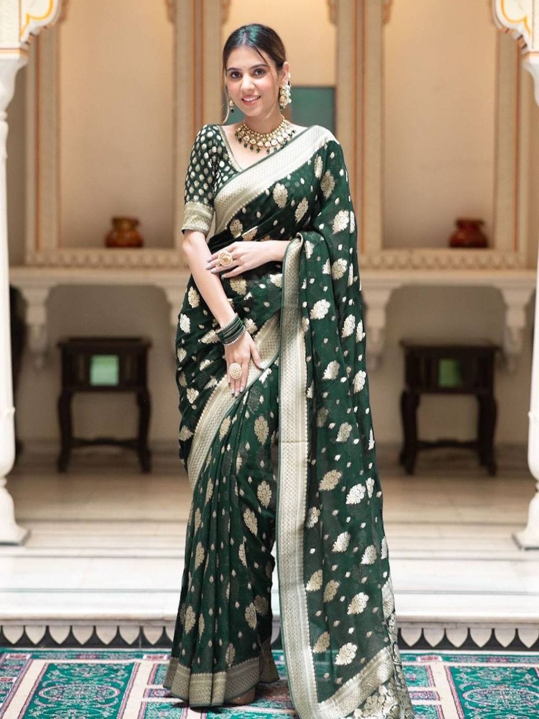 

Manu Designer Ethnic Motifs Zari Saree With Blouse Piece, Green