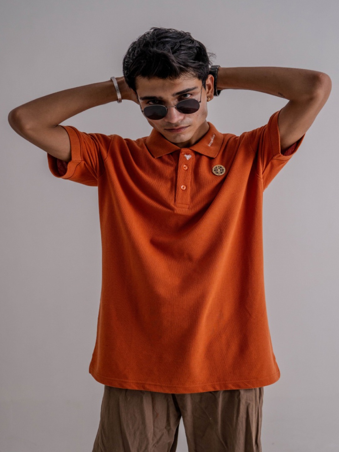 

KaamBhari Unisex 3D Fit Solid Polo Collar Cotton Oversized T-shirt, Orange