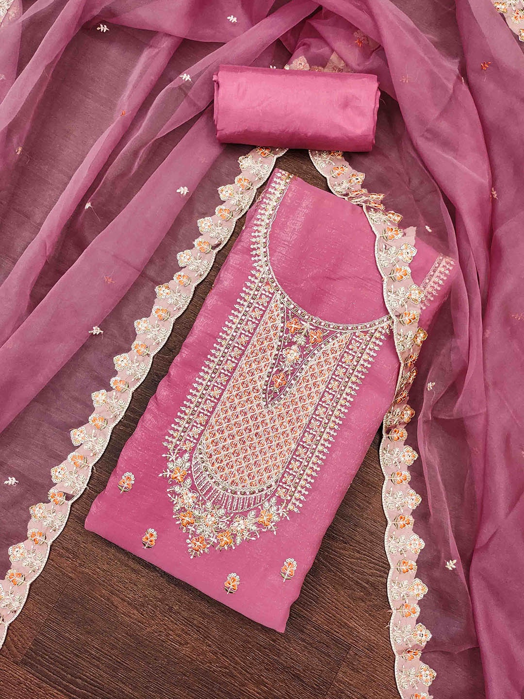

KALINI Embroidered Silk Chiffon Unstitched Dress Material, Pink