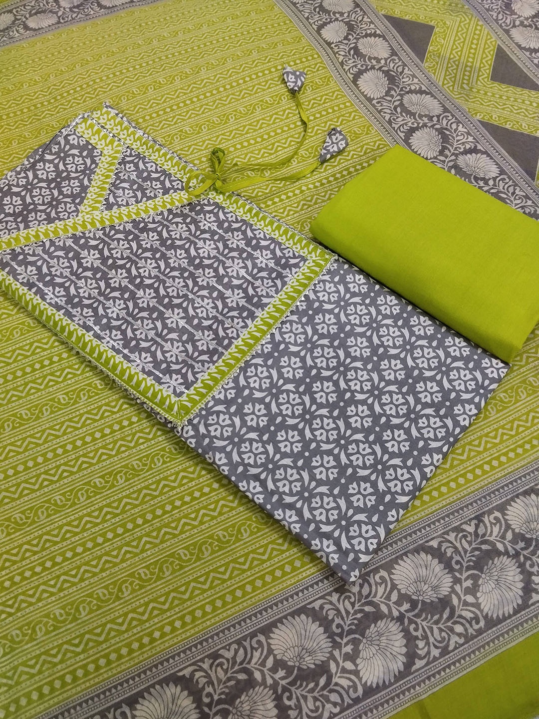 

Sublime W Ethnic Motifs Printed Pure Cotton Unstitched Dress Material, Fluorescent green