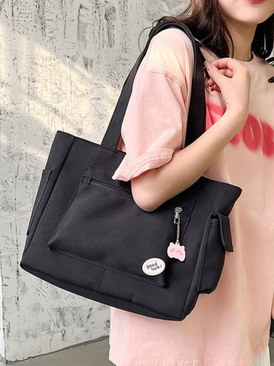 

StyleCast Women Solid Shopper Tote Bag With Keychain, Black