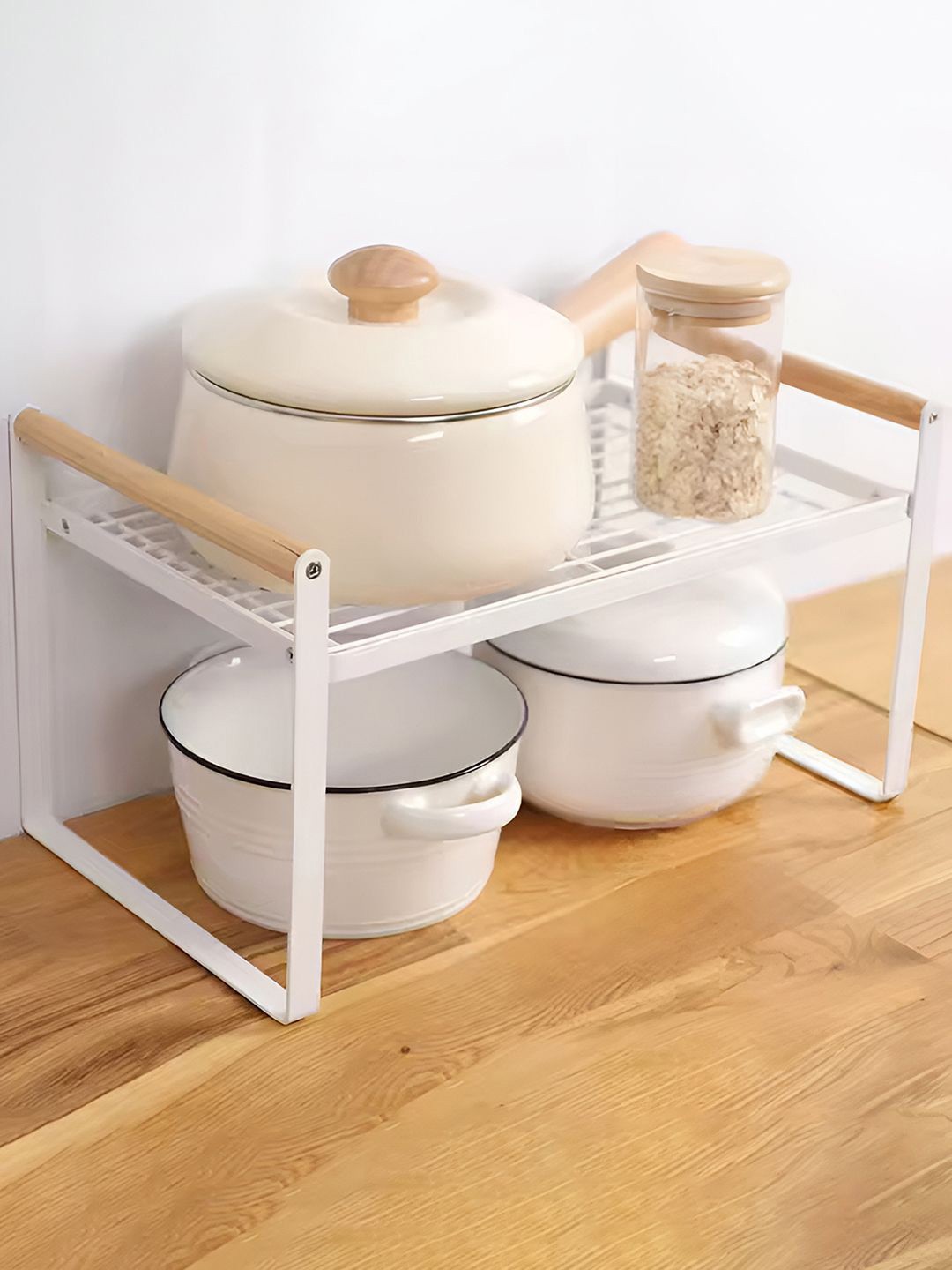 

DecorTwist White 1 Tier Metal Cabinet Organizer Kitchen Storage Rack with Wooden Handles
